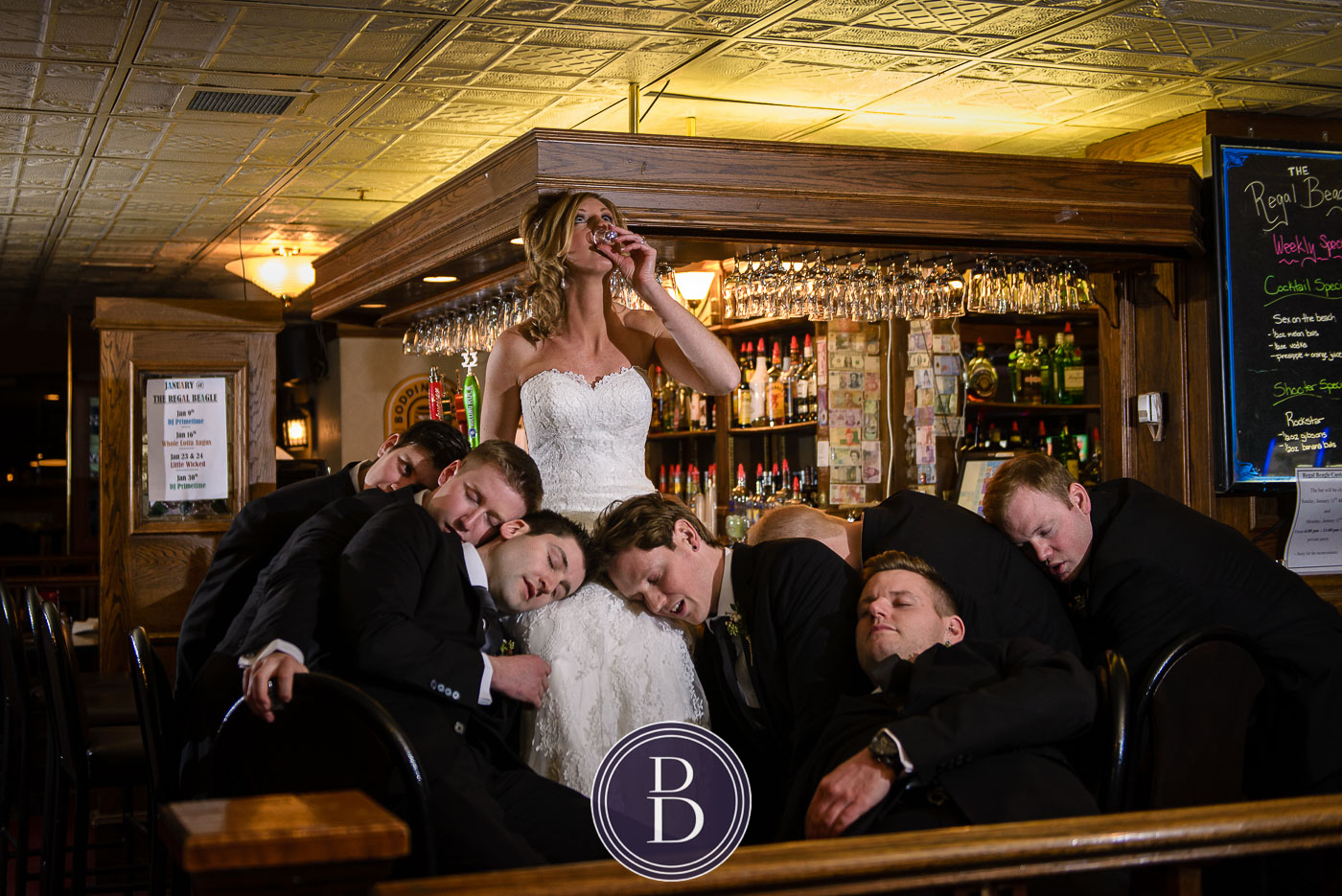 bride at bar with boys winter wedding Marlborough Hotel