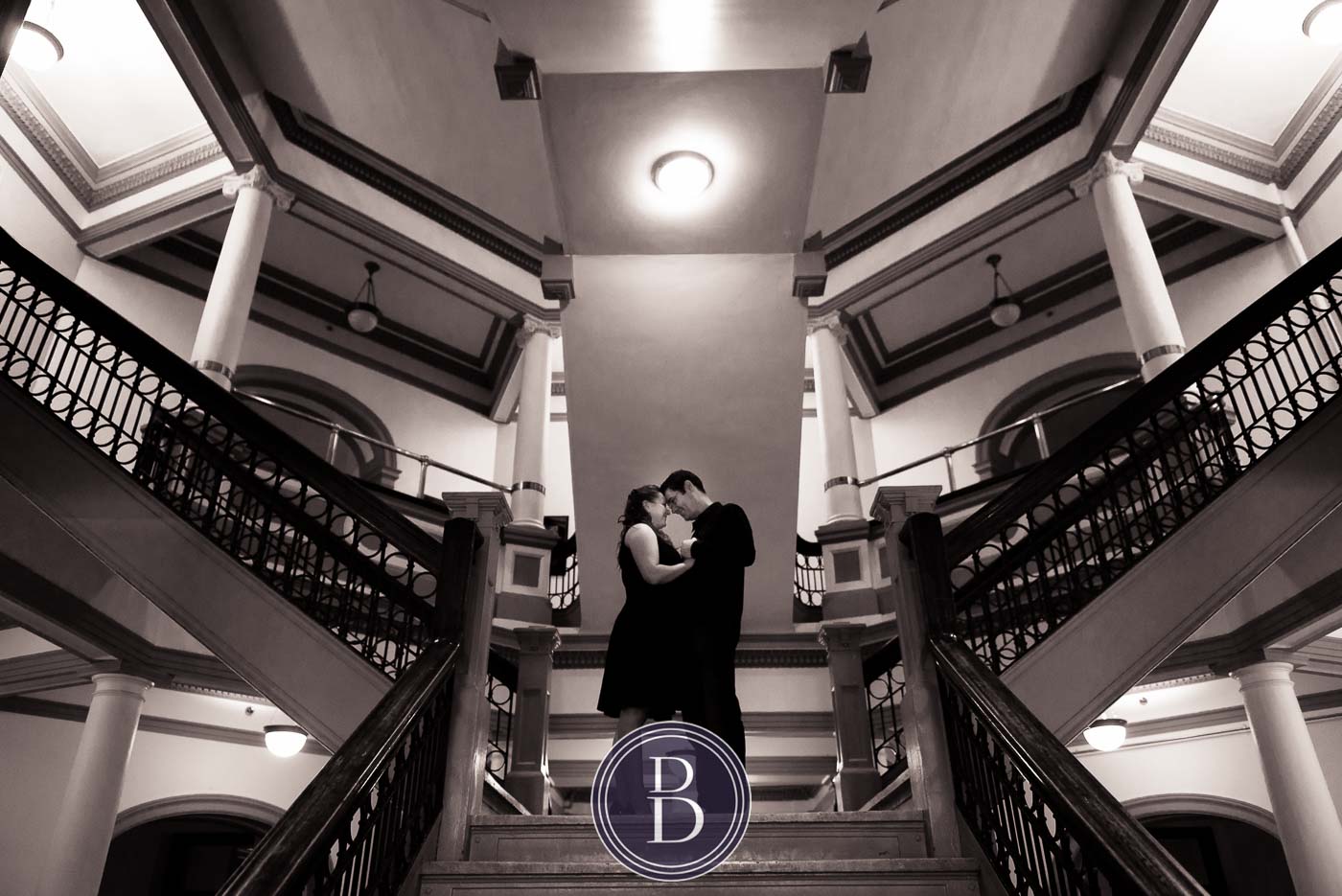 engagement photos inside on stairs