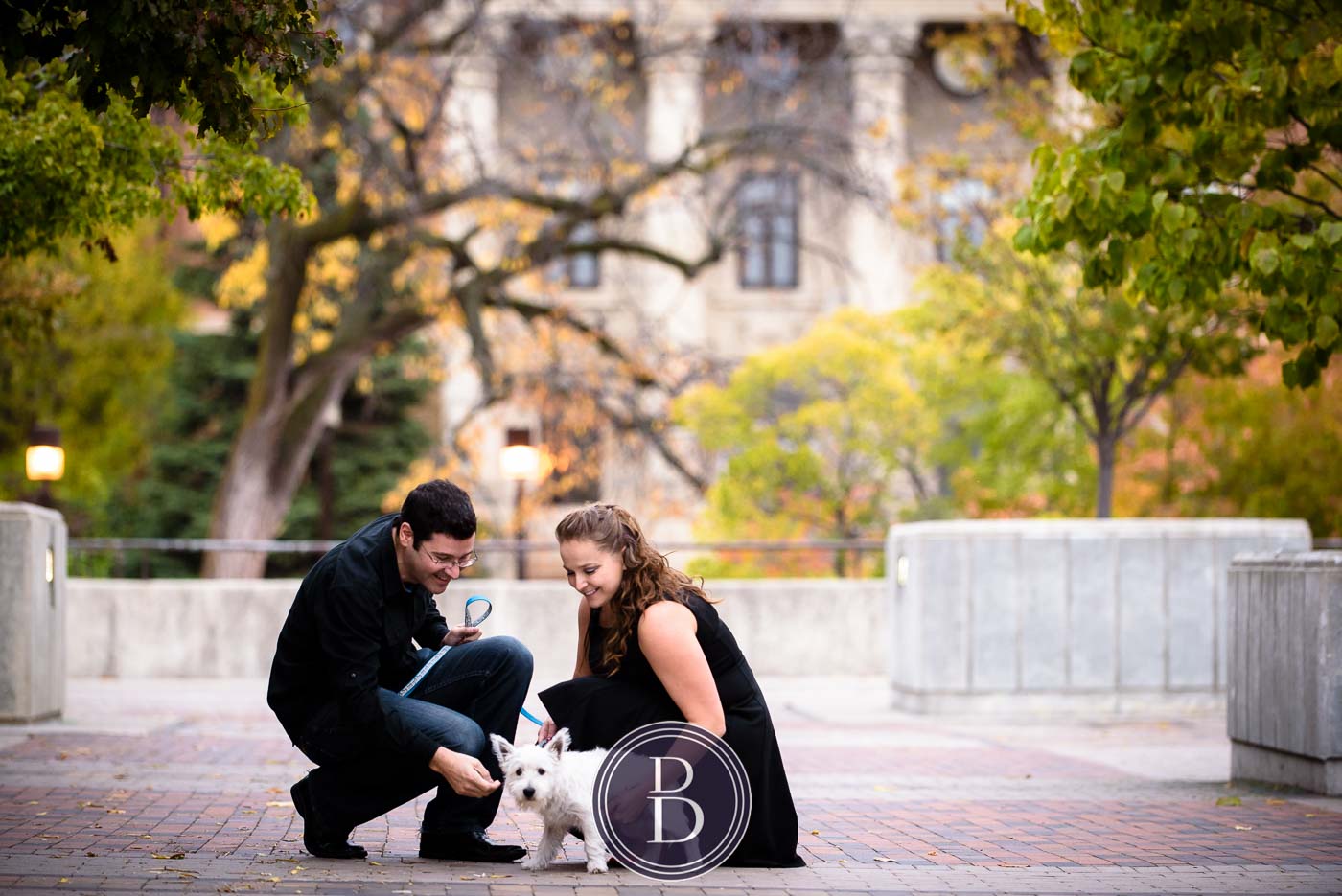 engagement photos with a dog having some fun