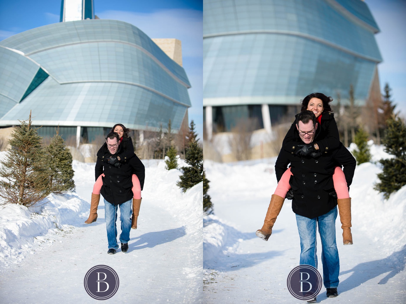 winter photo engagement session outdoor fun with the couple at the Forks