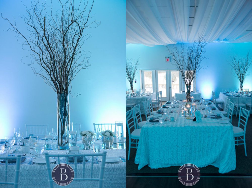 An elegant blue winter wedding in Winnipeg, Manitoba. Reception table decor at The Gates on Roblin in Winnipeg
