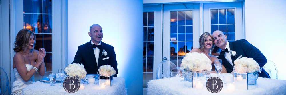 An elegant blue winter wedding, bride and groom smiles at their reception