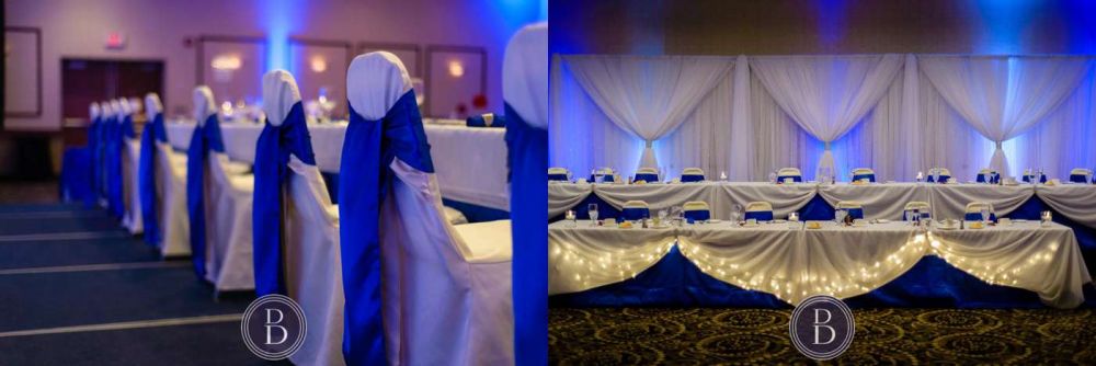 Winnipeg wedding photos reception decor head table blue chair covers Victoria Inn Hotel