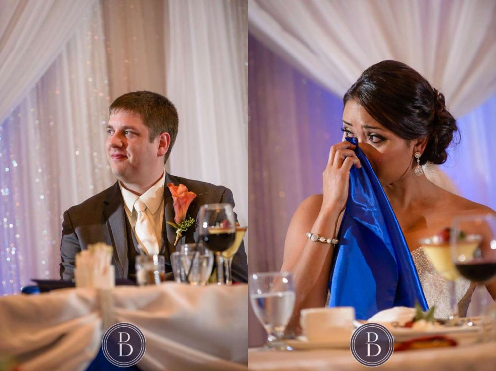 Winnipeg wedding photos bride and groom during speeches Victoria Inn Hotel emotional bride