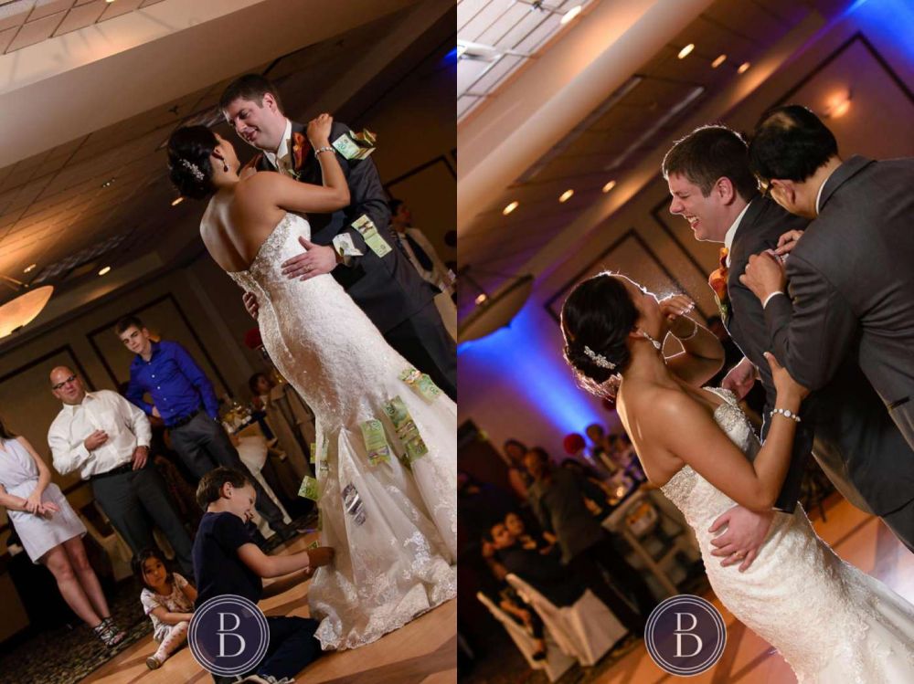 bride and groom reception first dance money pinned on Filipino wedding tradition