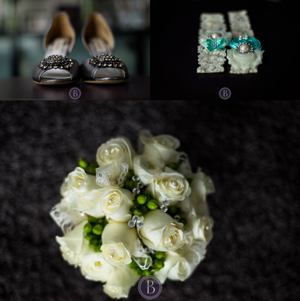 Brides bouquet shoes and garter wedding details
