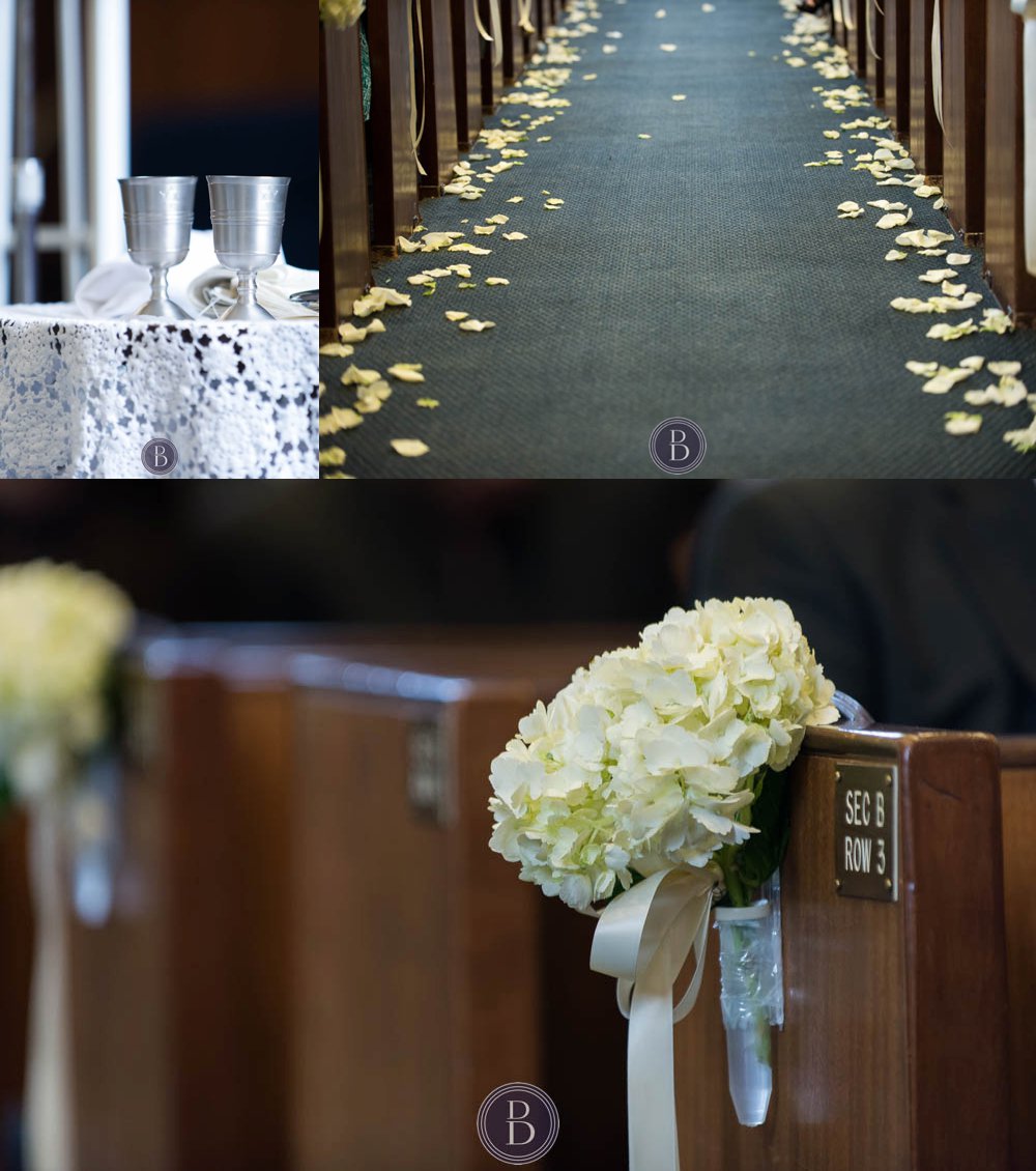 Jewish wedding decor in synagogue flower petals and bouquet