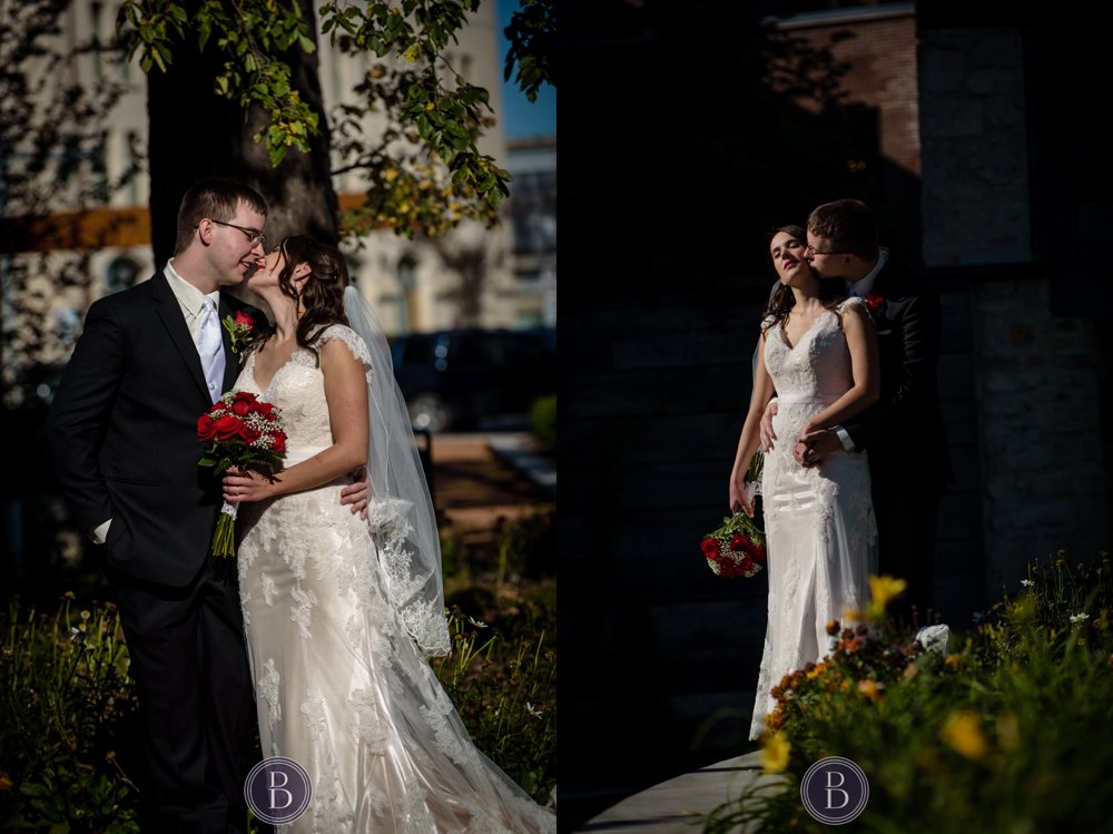 Winnipeg Wedding Photos Manitoba Bride and groom romantic kiss outside in summer.