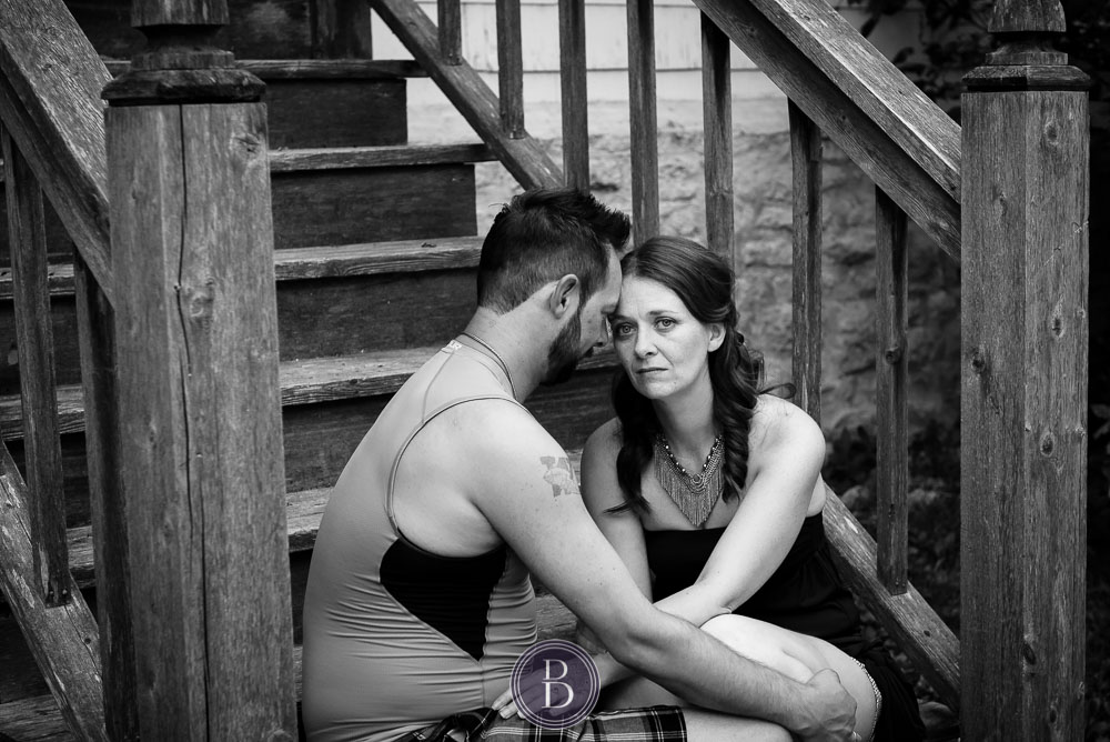 Couple in love on stairs, St Norbert monastery black and white photo