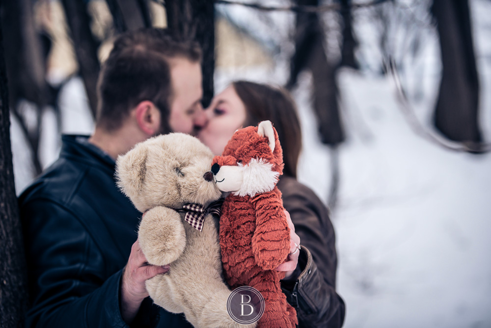 engaged couple kiss teddy bear fox
