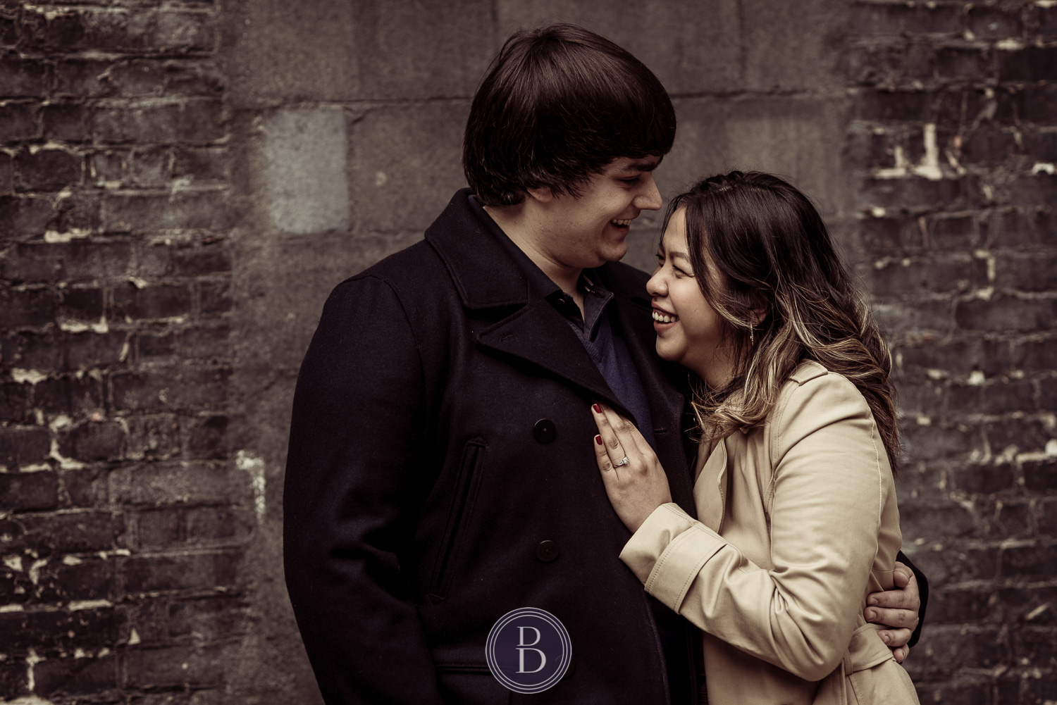 exchange district engagement session laughter couple in love
