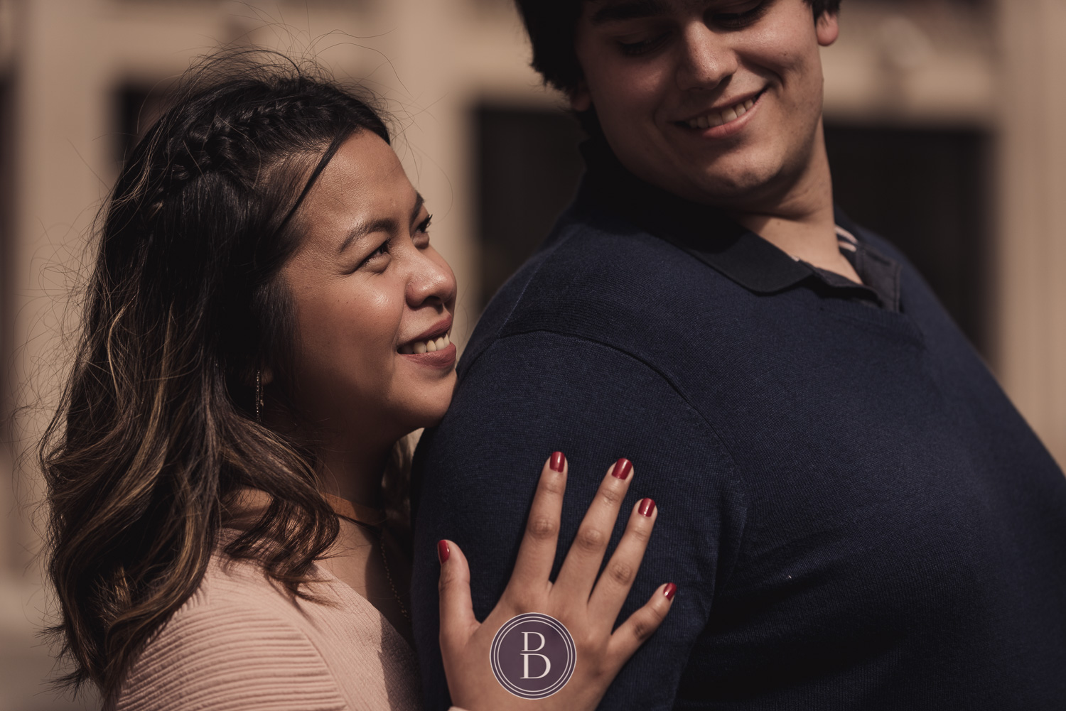 exchange district engagement session couple in love smiling