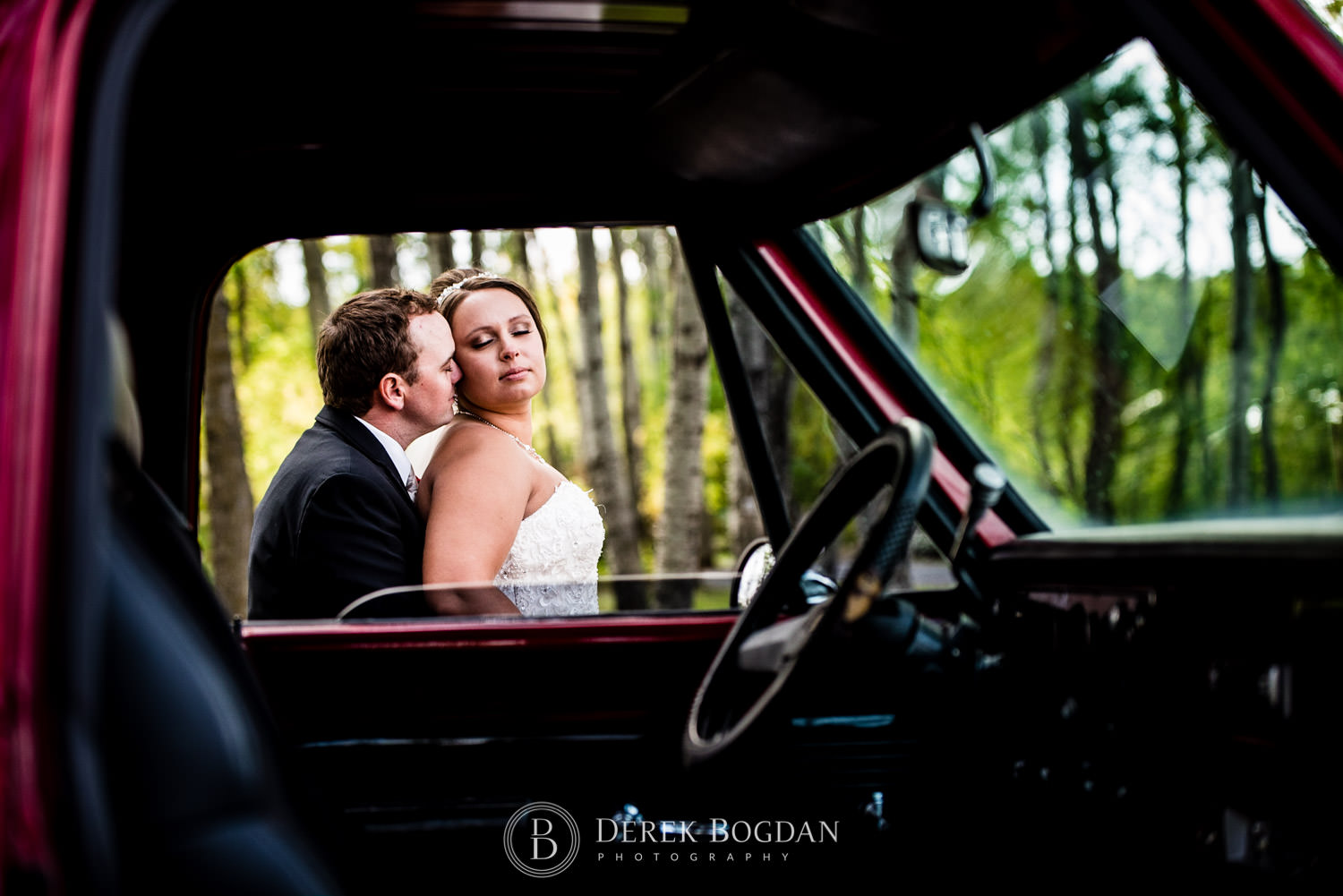 Bride with groom and truck creative outdoor wedding photo