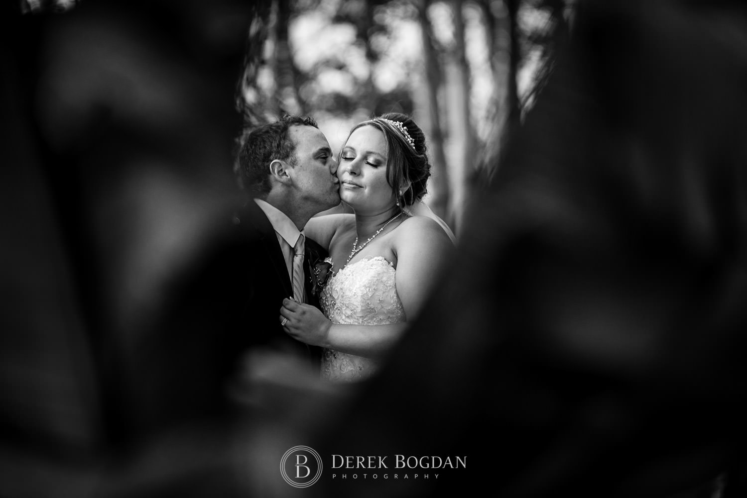 groom kissing the bride outdoor creative portrait