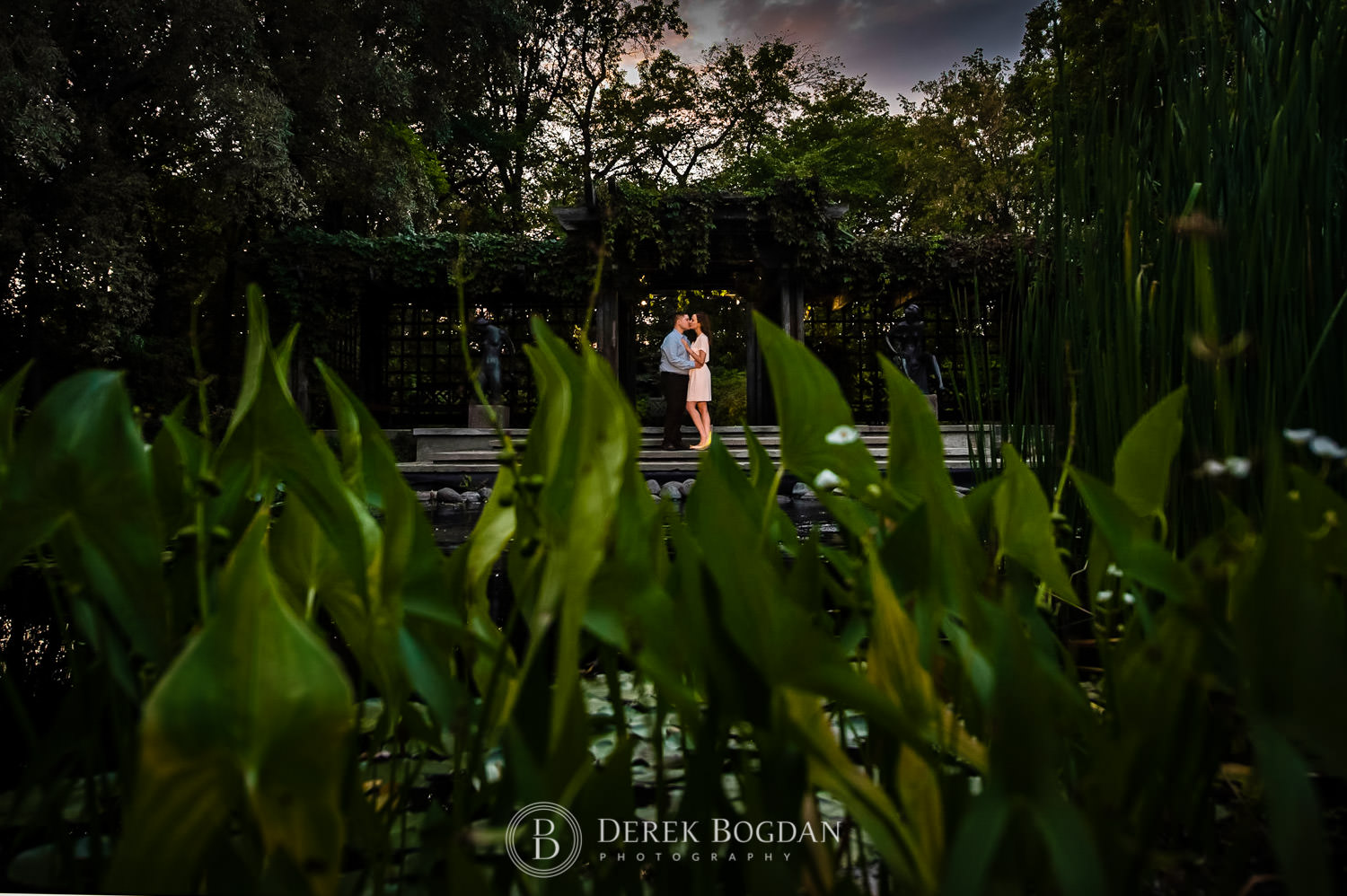 Evening engagement photo Leo Mol Garden Winnipeg Assiniboine Park top wedding photographer