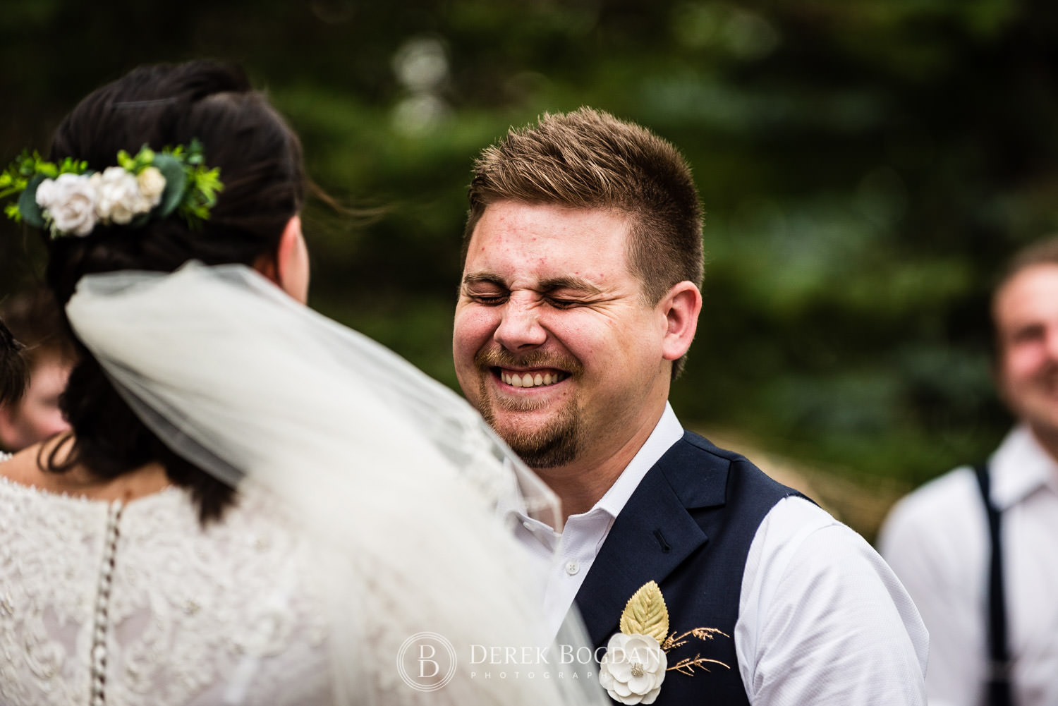 groom smiles outdoor ceremony Manitoba wedding