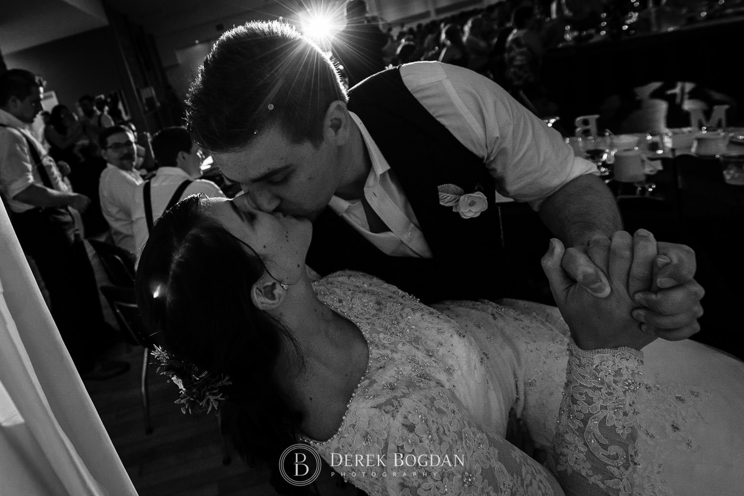 bride and groom dip kiss Manitoba wedding