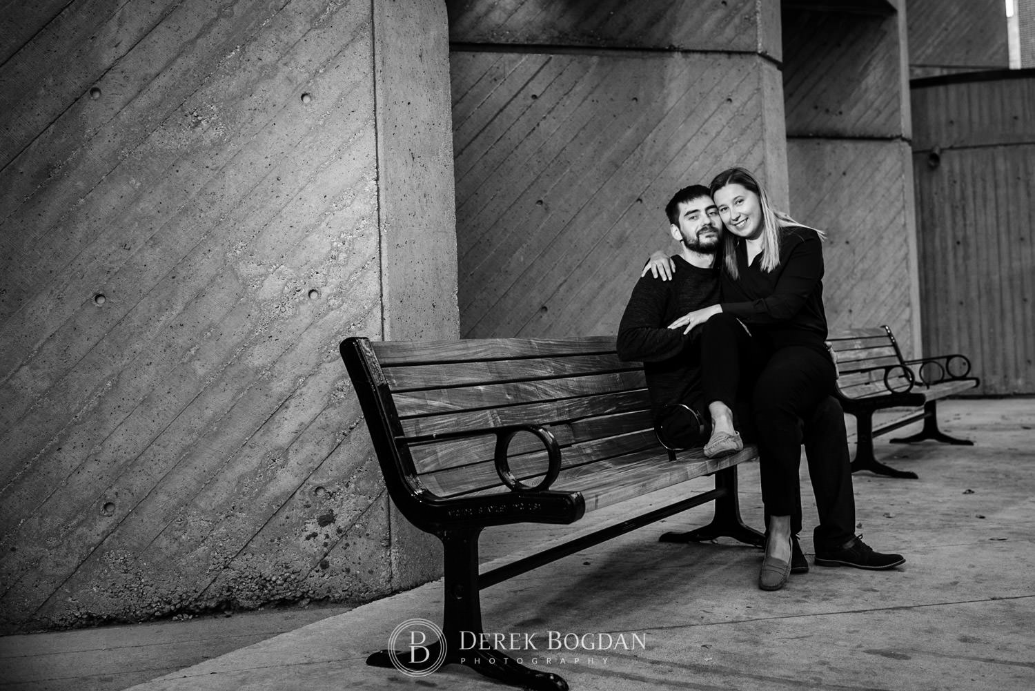 Winnipeg engagement couple on bench