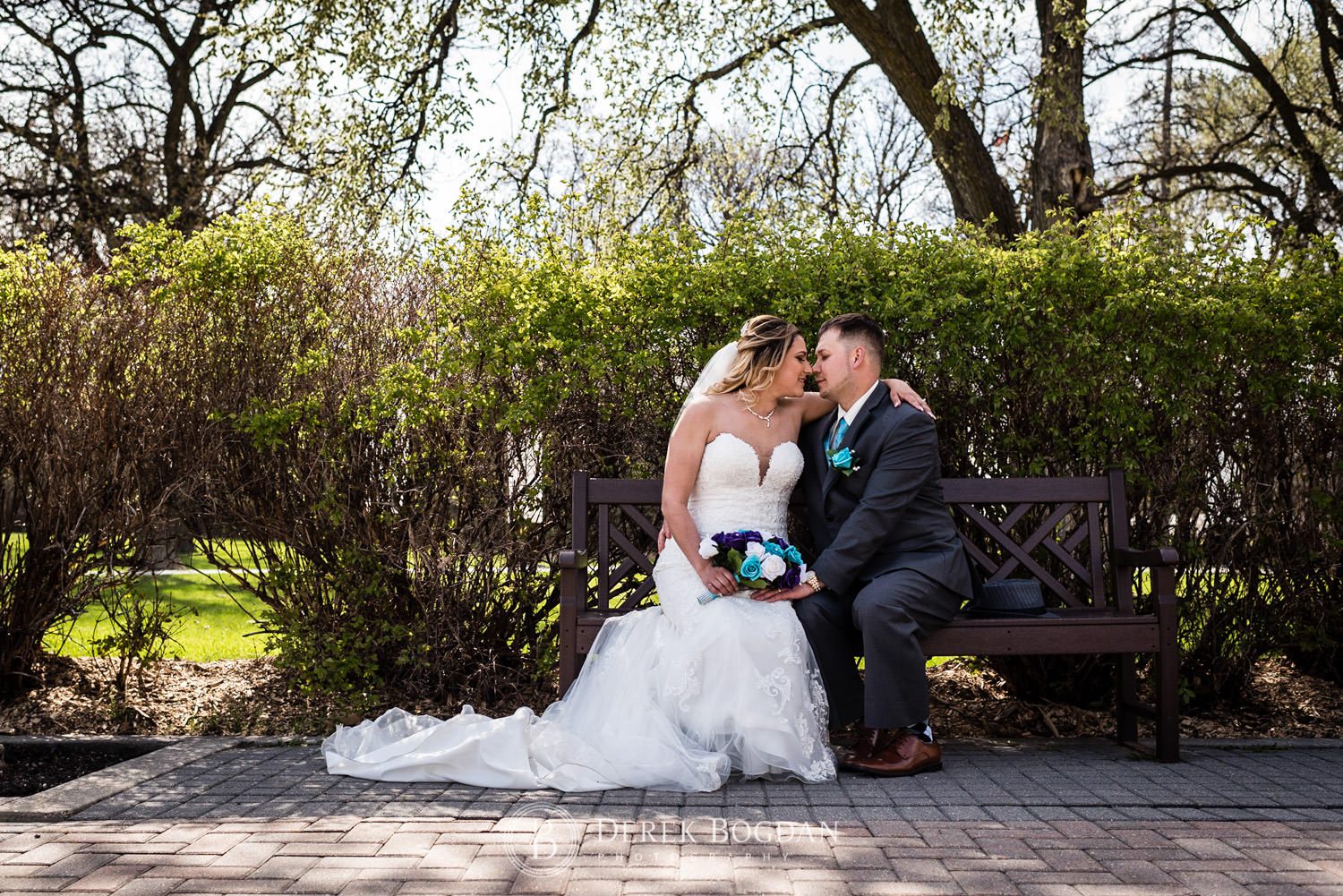 Winnipeg wedding portrait Assiniboine Park on a bench