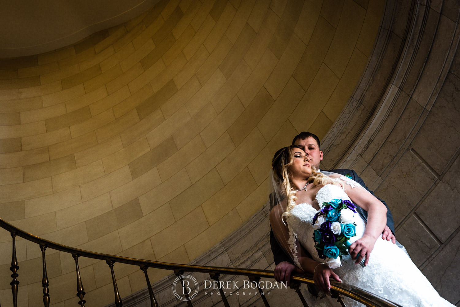 Bride and groom stairway Winnipeg wedding photo