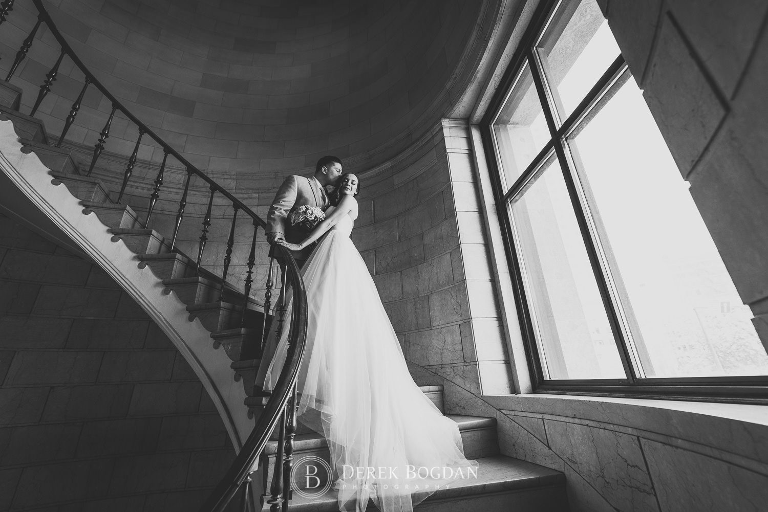 Winnipeg wedding bride and groom portrait staircase window