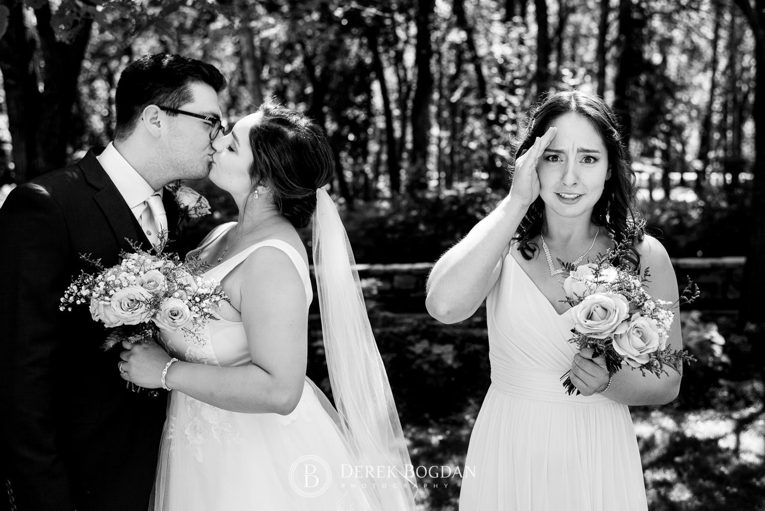Bride and groom kiss funny look by sister