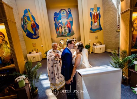 Ukrainian church wedding catholic ceremony bride groom first kiss Ukrainian church wedding