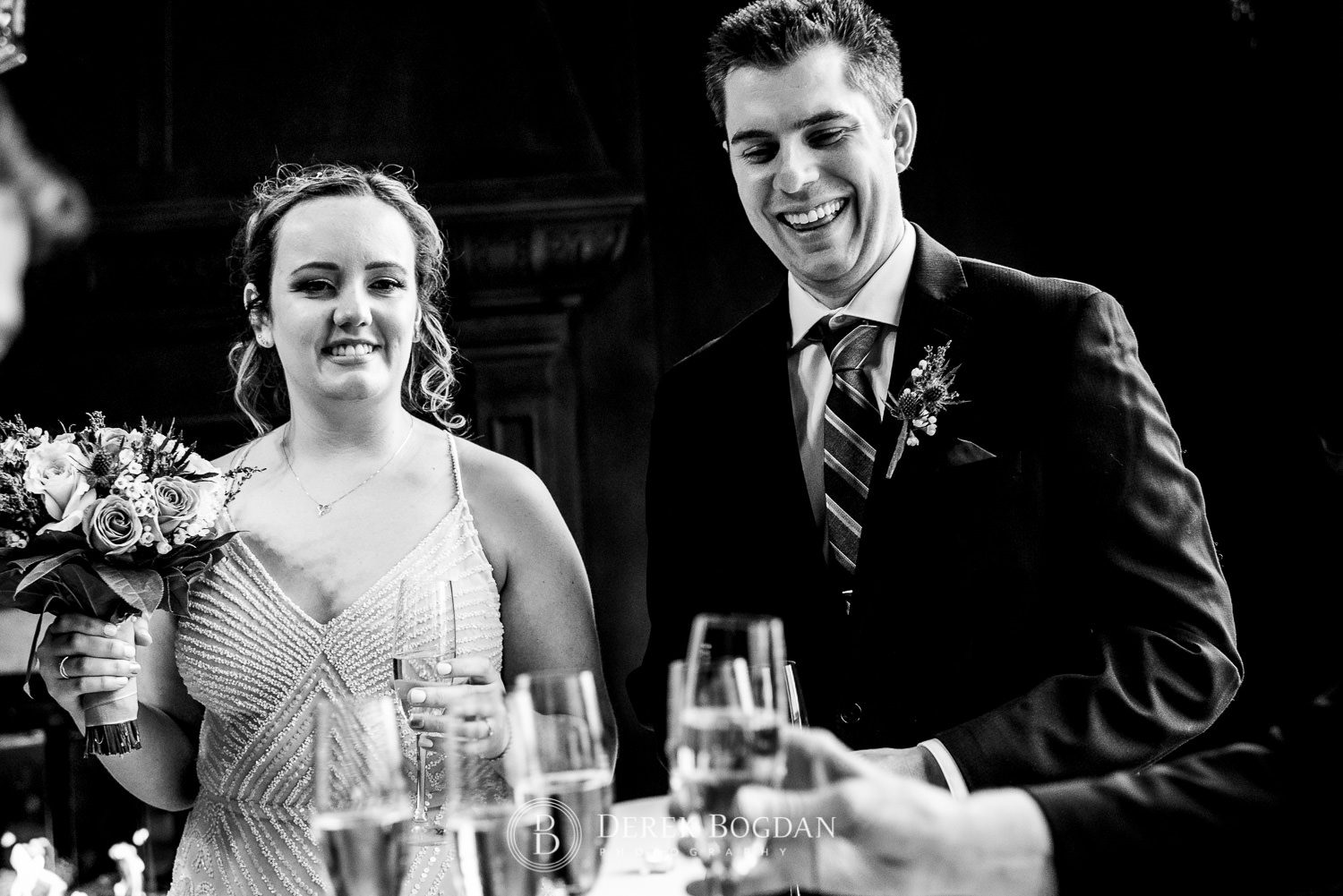 Manitoba Club Wedding Ceremony champagne toast bride and groom smiles