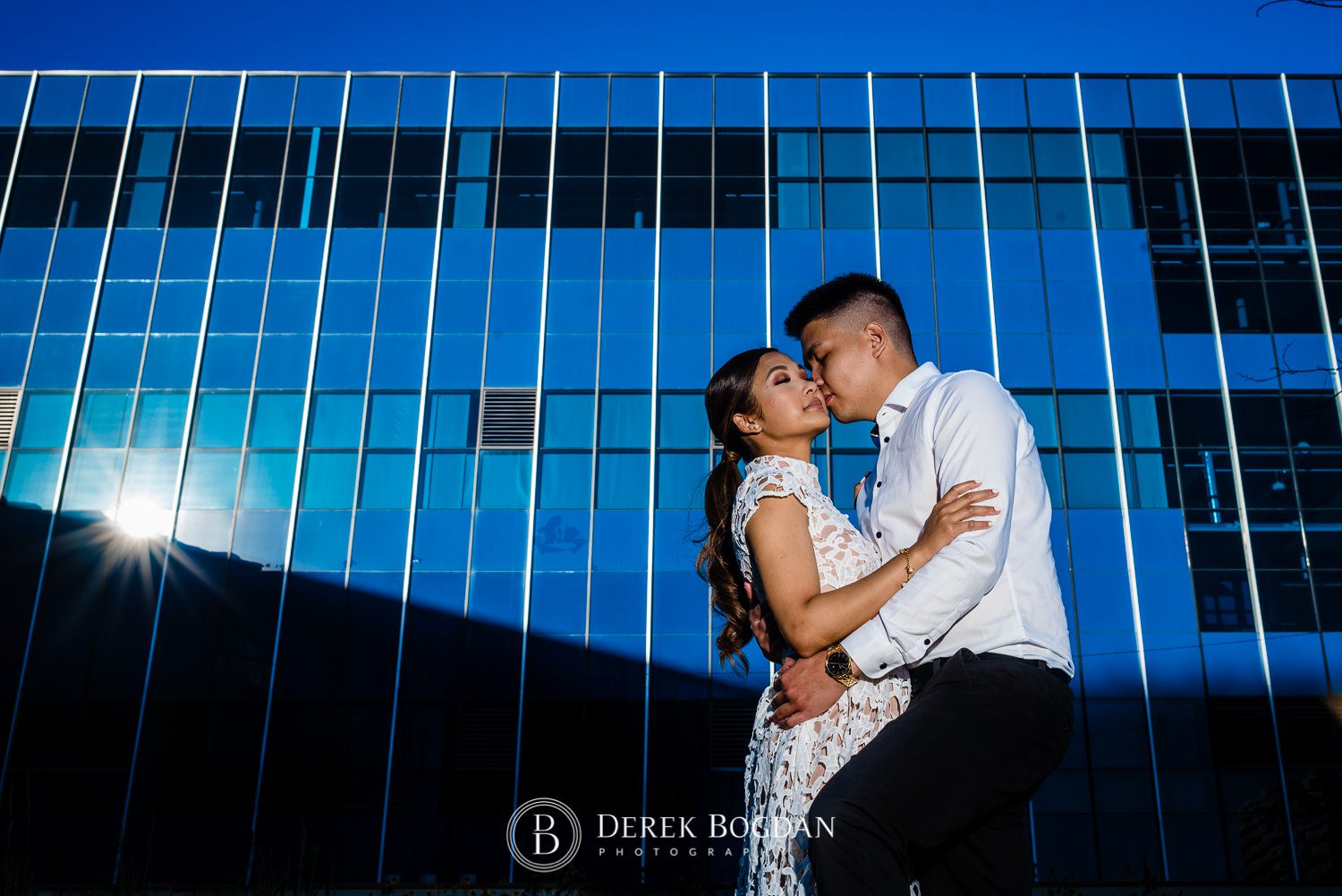 Engagement at Millenium Library Park portrait downtown Winnipeg