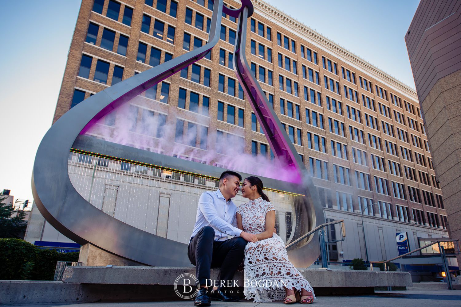 Engagement photo at Millenium Library Park steam fountain