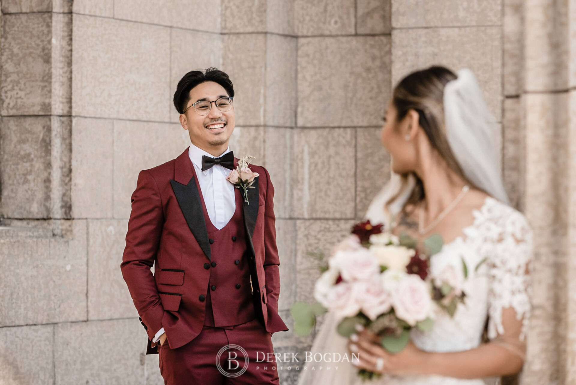Winnipeg catholic wedding groom smiles